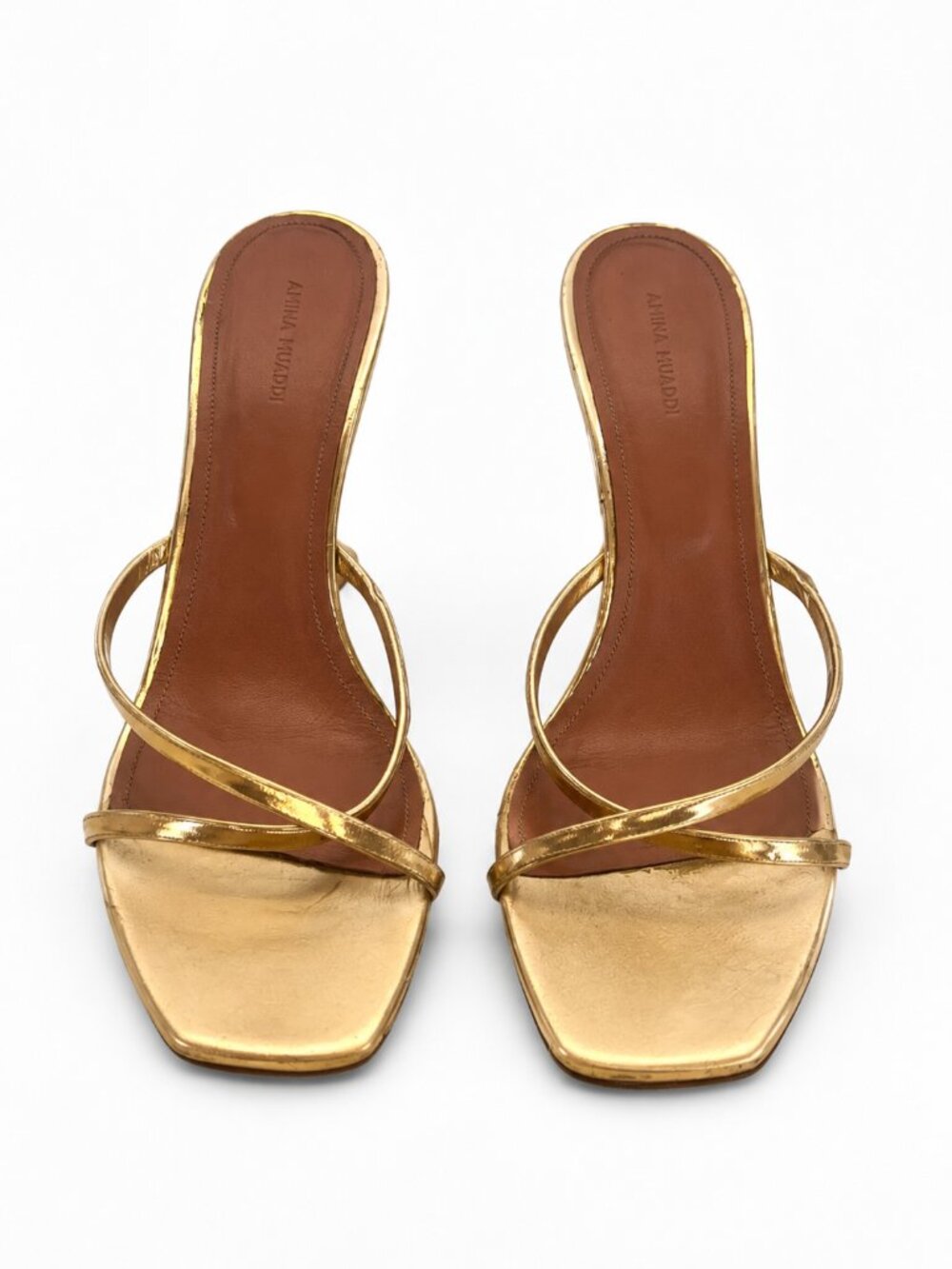 Amina Muaddi Henson Gold Metallic Mirror Leather Martini Heel Mules IT 41